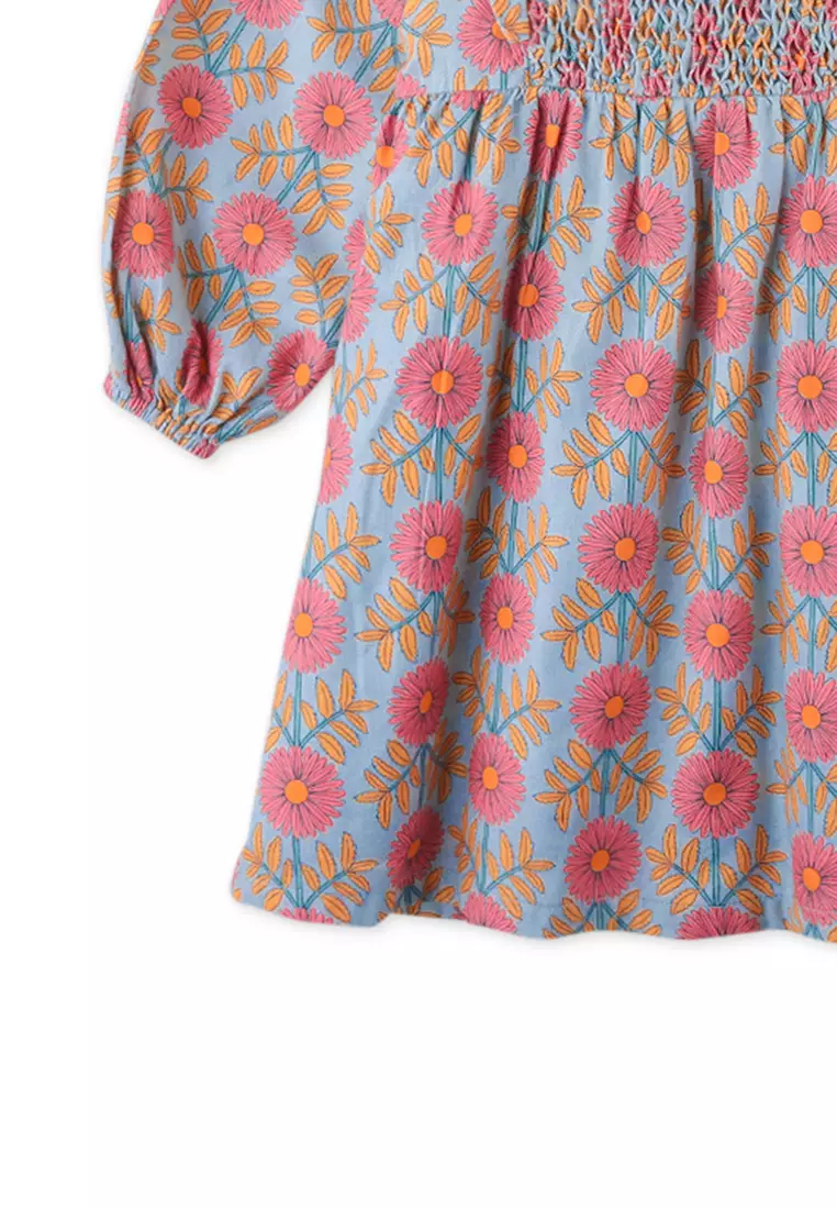 Girls Side Vented Printed Dress With Chest Smocking