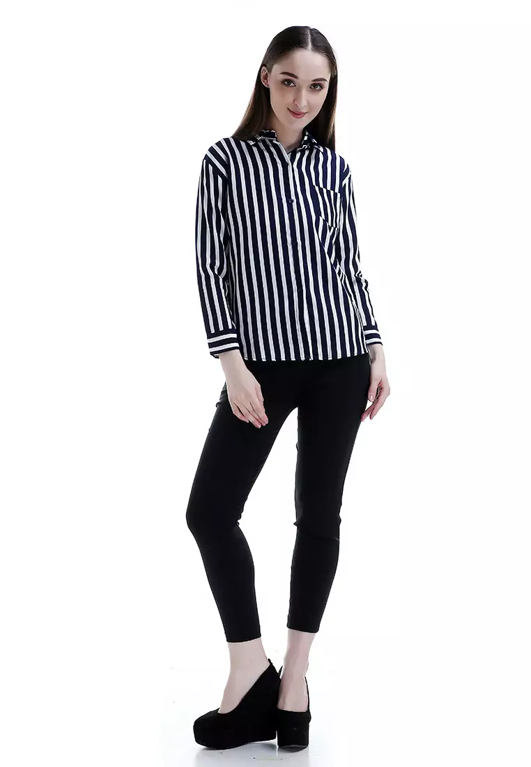 Carmel Long Shirt Motif Pattern Dual Tone Color Woman Design Chic - Navy