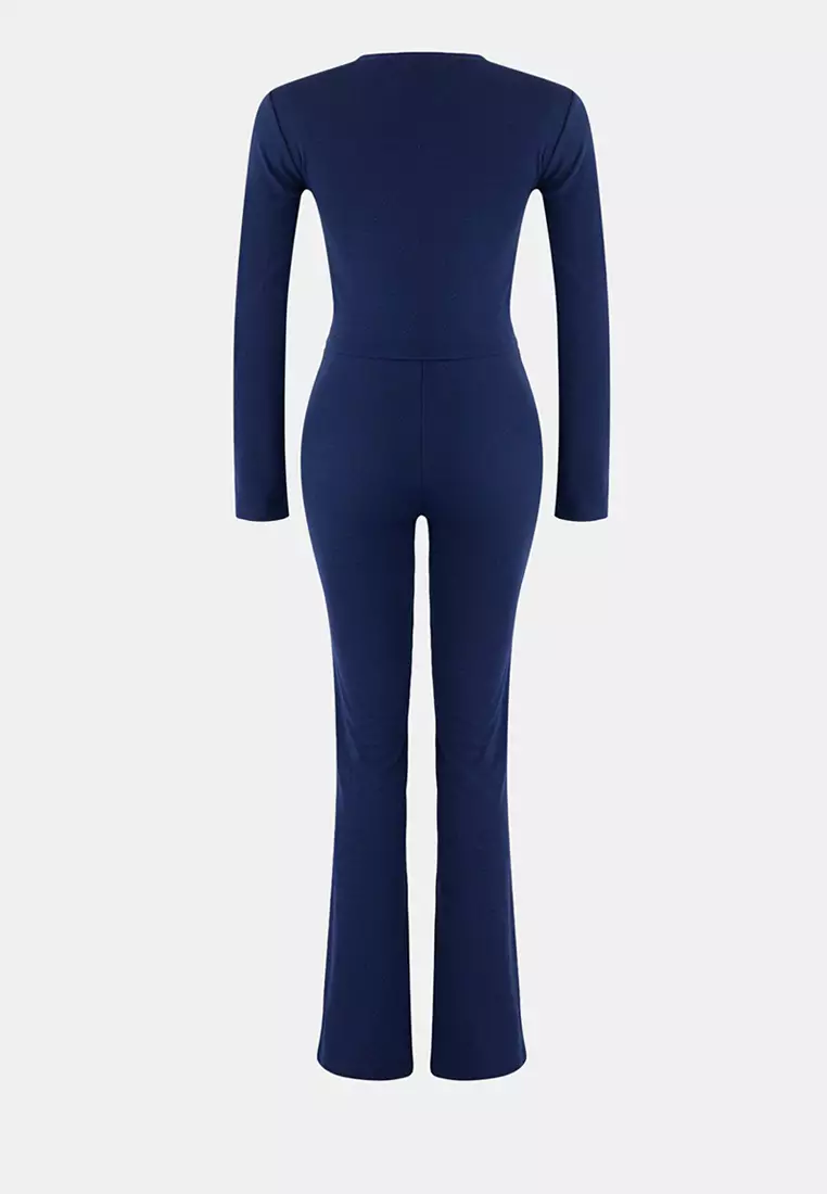 Navy Blue Slim/Fitted Stretch Knitted Bottom Top Suit
