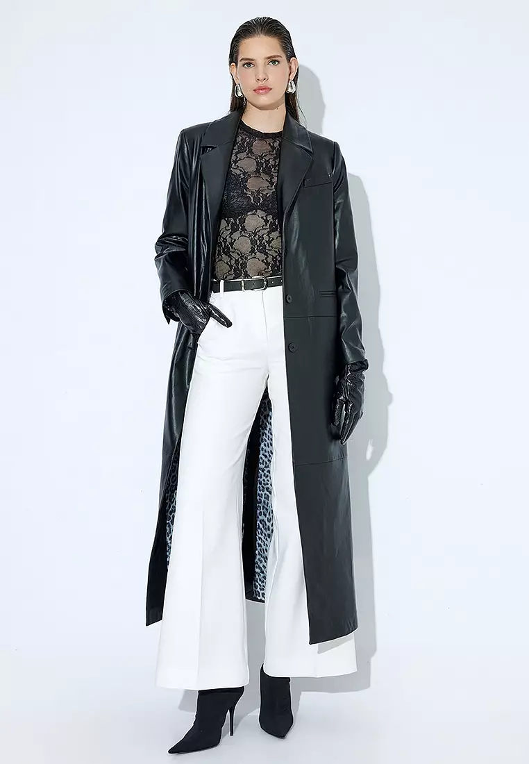 Extra Long Faux Leather Trench Coat Double Breasted Buttoned Pockets