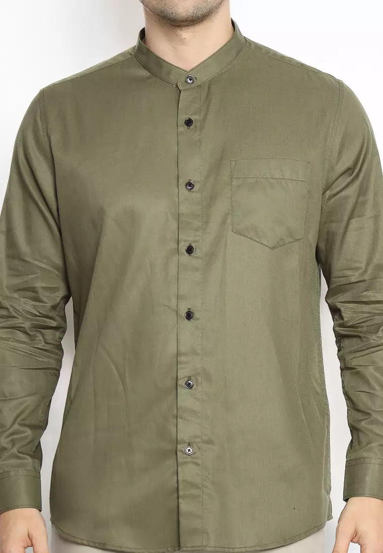 MAGINOT Kemeja Pria KOKO Basic Polos Lengan Panjang DARK OLIVE