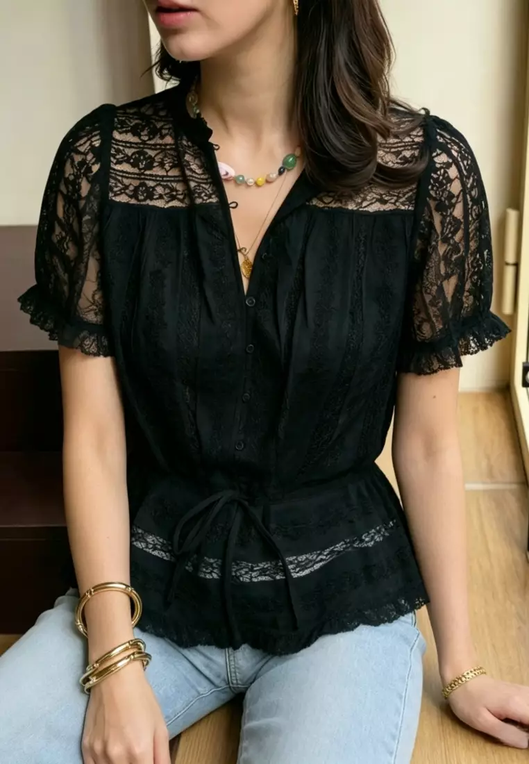 Hollow Lace Waist-Tie Blouse, Short Sleeve Casual Elegant Top CA26041631BK