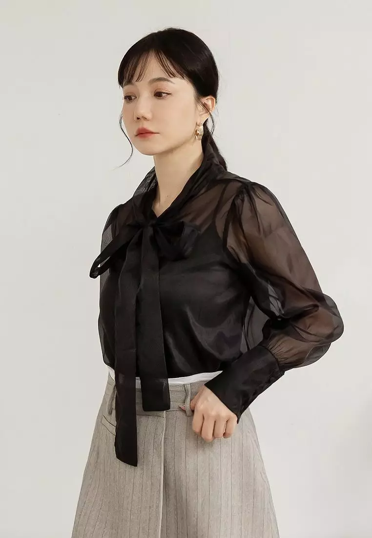Sexy Sheer Mesh Open-Front Shirt with Front Tie Bow [AB17971]