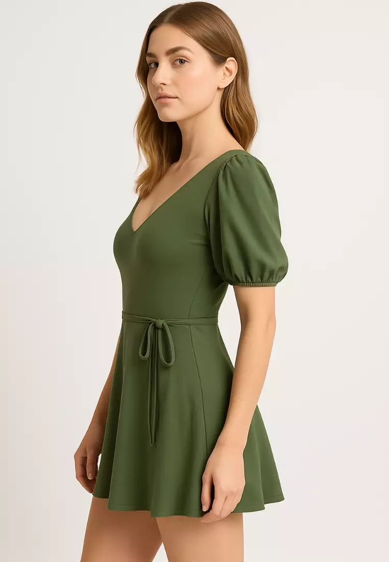 Aurelia Flattering Swimdress – Plus Size Tummy Control One Piece with Skirt Puff Sleeves V-Neck – Elegant Green