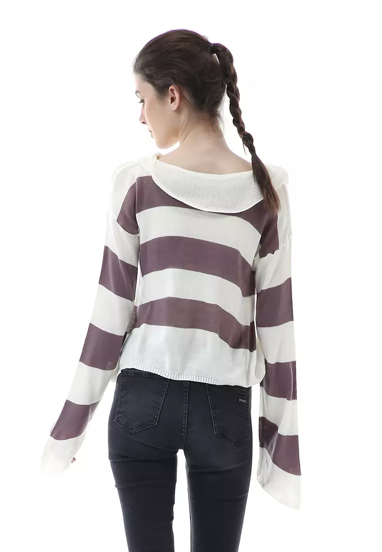 Vilia Rajut Crop Atasan Wanita Oversize Motif Stripe Garis Relaxed Fit - Burgundy