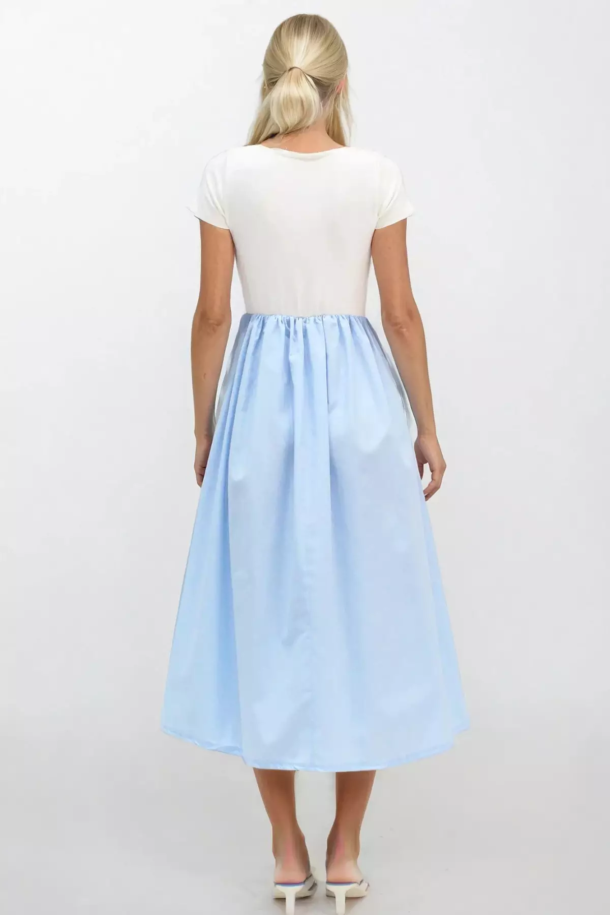 Women's Blue Crew Neck Elastic Waist Color Block Maxi Dress Alc-X14278