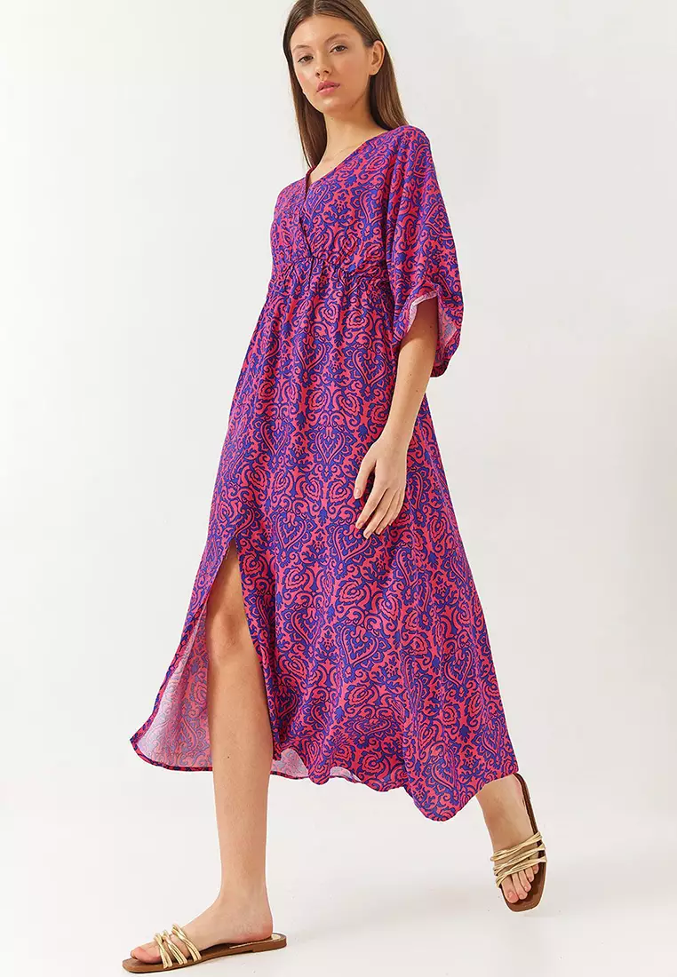 Women's Double Breasted V Neck Front Slit Detail Print Dress 60261411