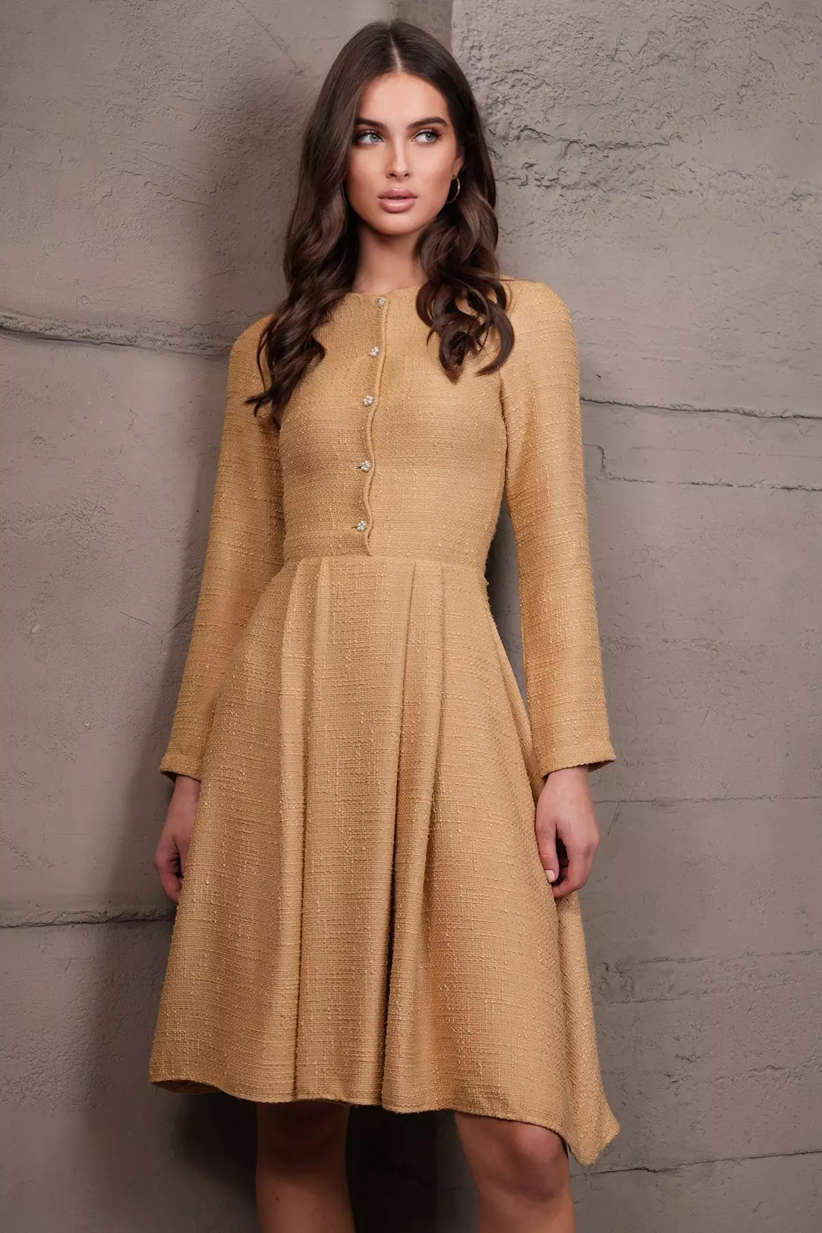 Women'S Dark Beige Pearl Button Skirt Pleated Midi Length Tweed Dress Alc-X14981