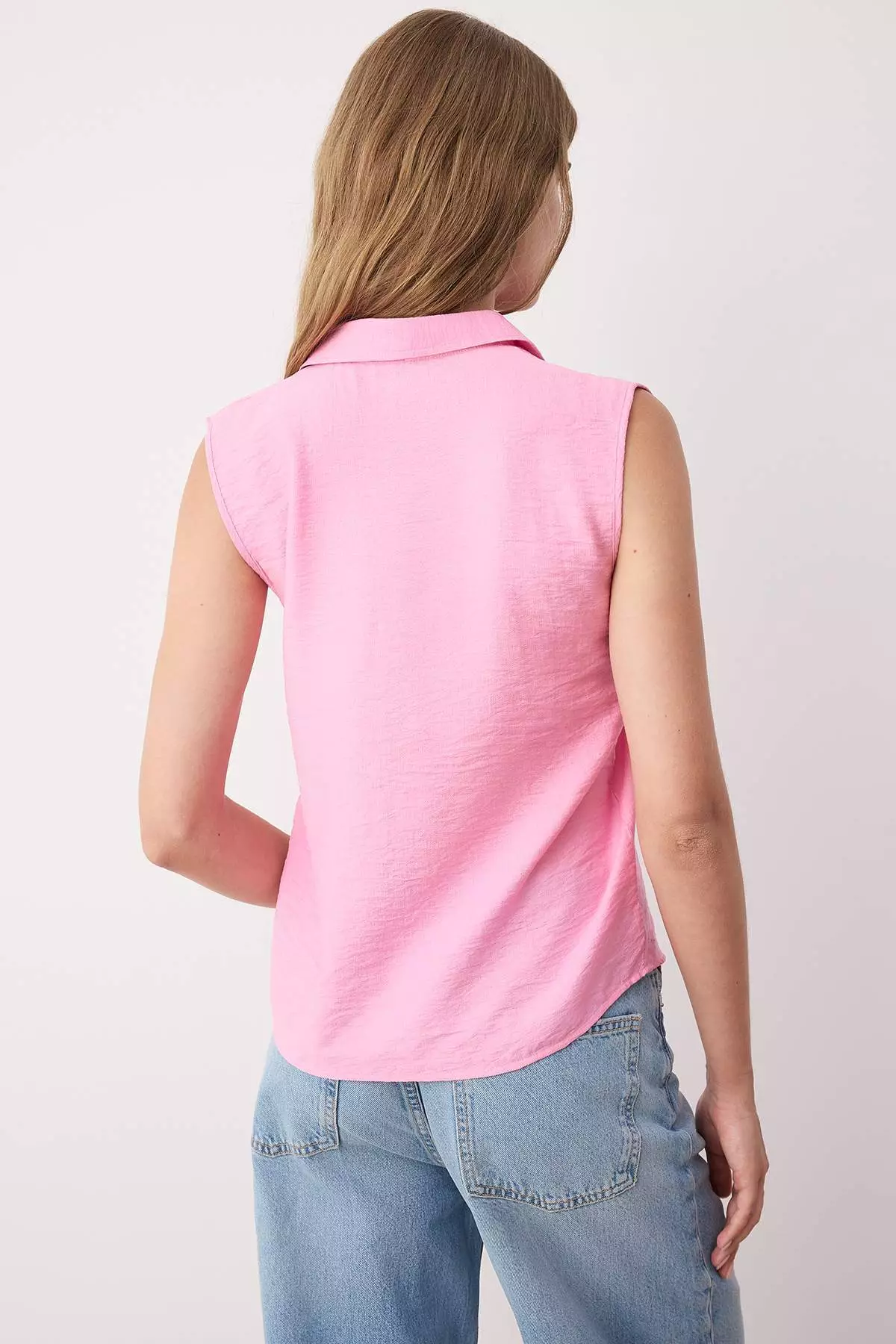 Pink Zero Sleeve Linen Look Regular Regular Fit Shirt