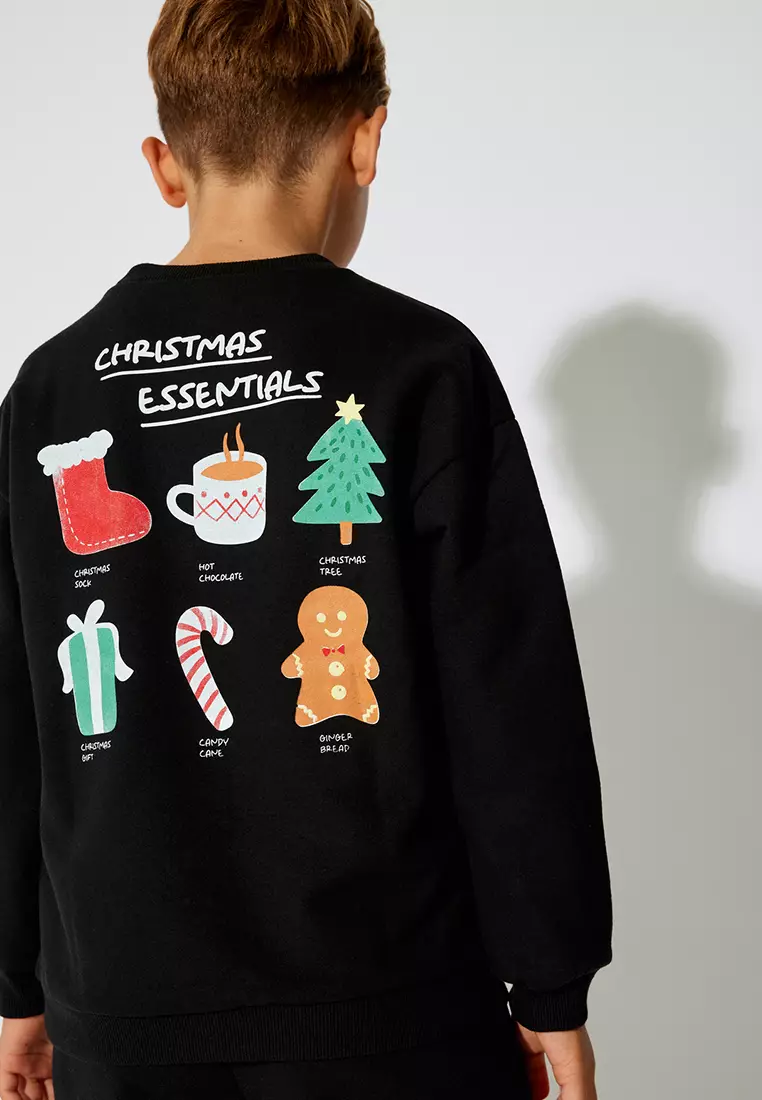 Sweatshirt Christmas Themed Print Detailed Long Sleeve Crew Neck Raised