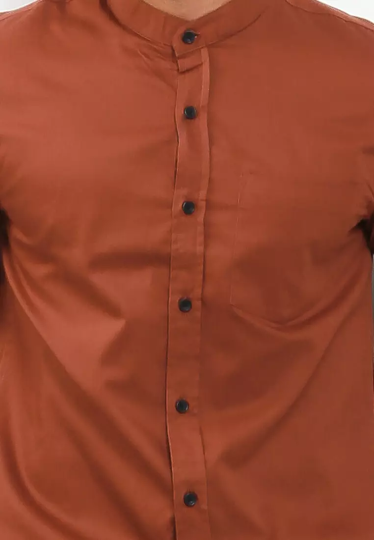 Cotton Well Badr Stand Collar Shirt Terracotta | Kemeja Koko Lengan Panjang Coklat Bata Terakota