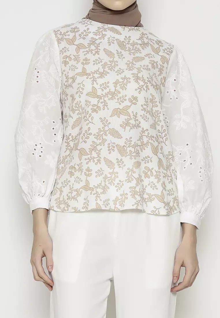 Urban Exchange Verano White Blouse - Atasan Blouse Printed Lengan Panjang Warna White