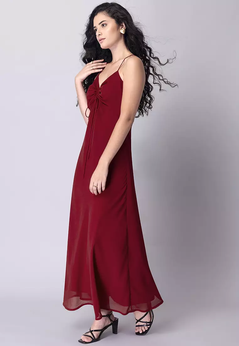 Red Noodle Strap Ruched Maxi Dress