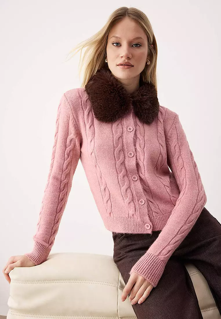 Pink Crop Fur Detailed Fitted/Full Body Knit Cardigan