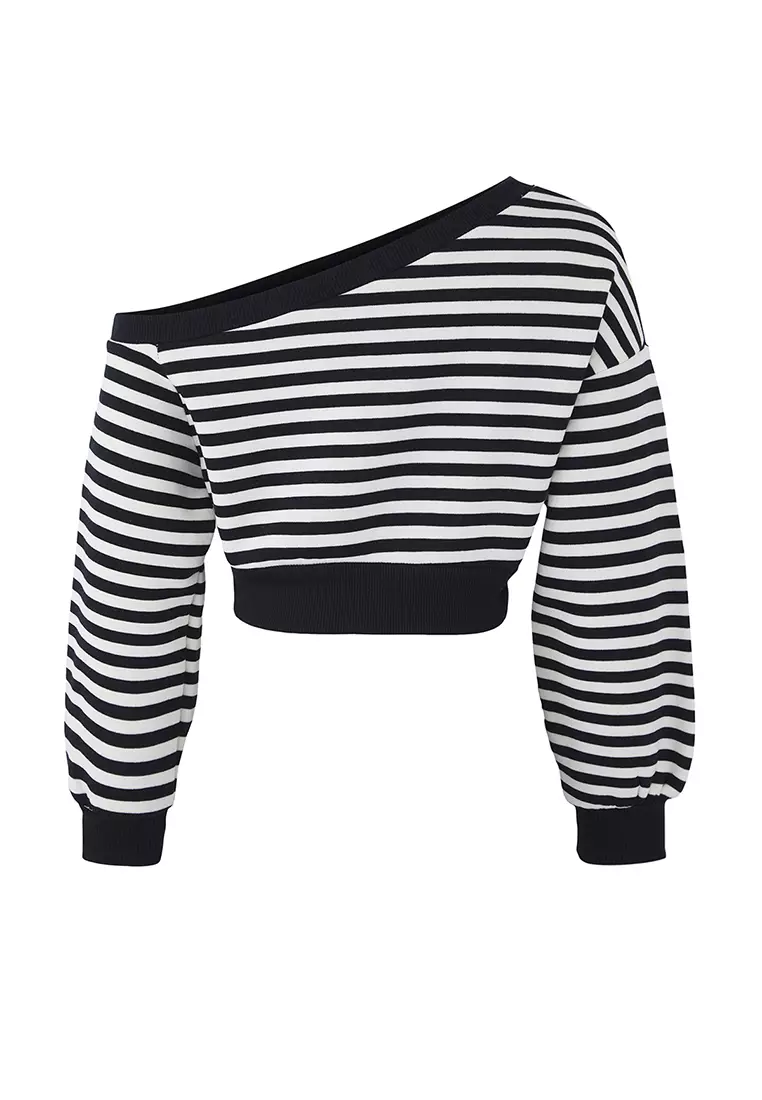 Teen Navy Blue Striped Regular Pattern Polar Fleece Crop Asymmetric Collar Knitted Sweatshirt Twoaw25Sw00143