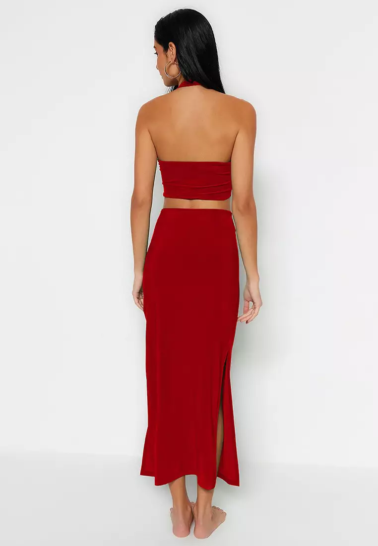 Red Body-fitting Knitted Accessory Blouse Skirt Beach Set TBESS23AU00084