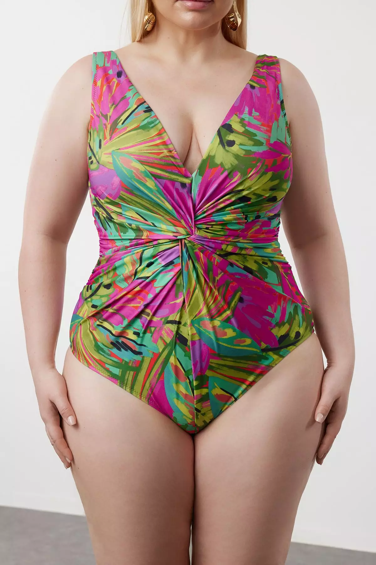 Plus Size Tropical Patterned V-Neck Swimsuit