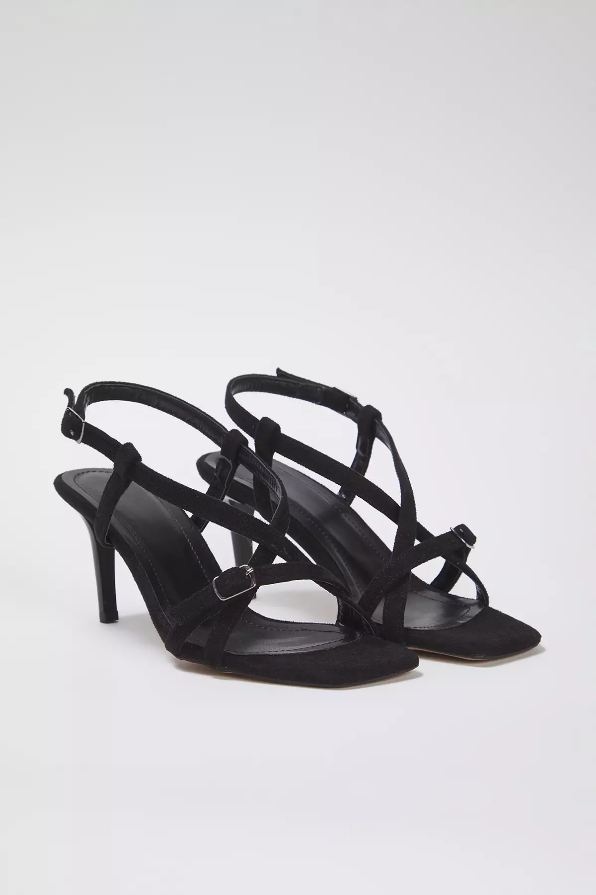 Black Suede Ankle Strap Square Toe Thin Heeled Women's Sandals Takss25To00018