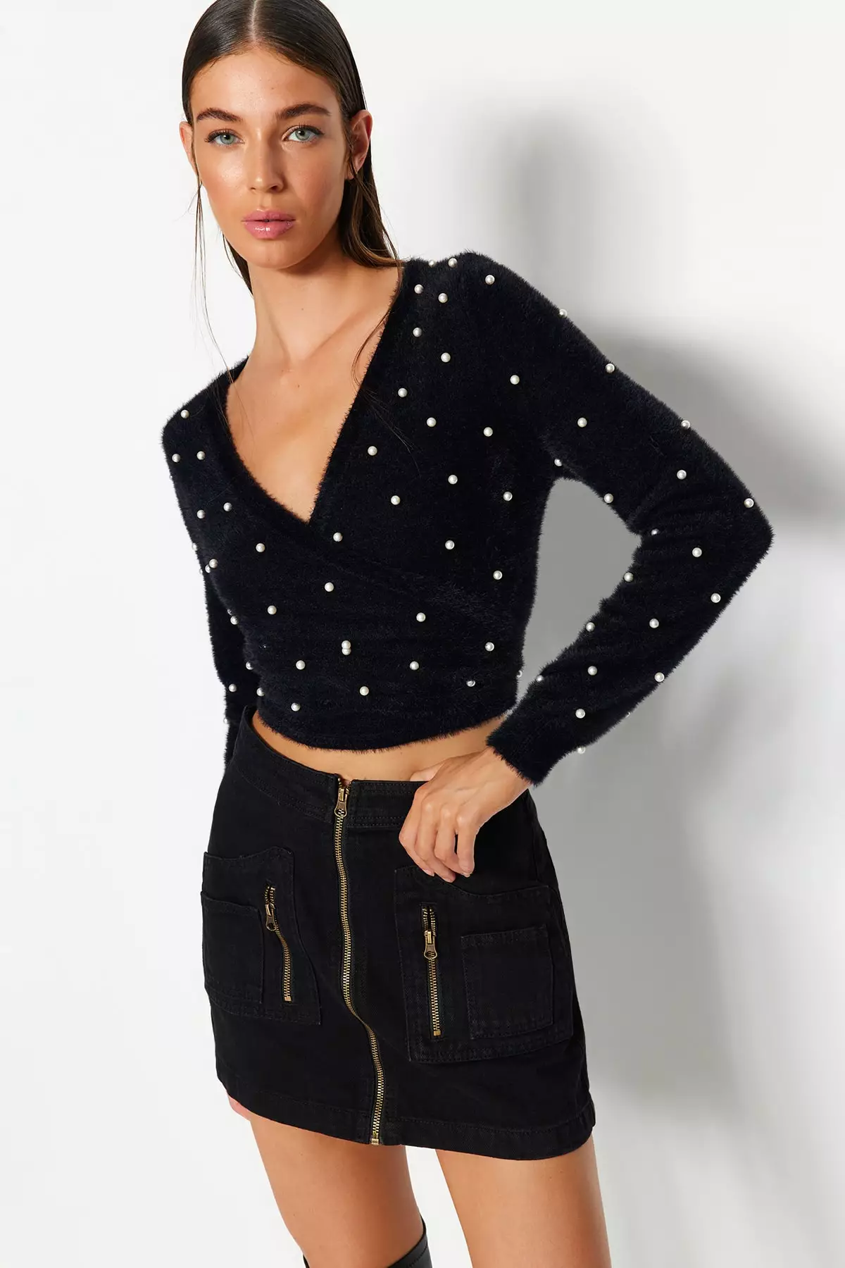 Faux Pearl Crop Wrap Knit Sweater
