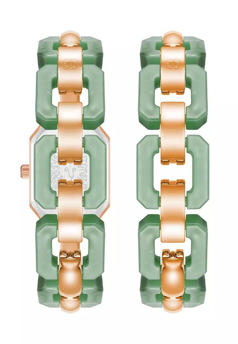 Box Set Green Mother of Pearl Rose Gold Rectangle Watch with Acrylic Bracelet