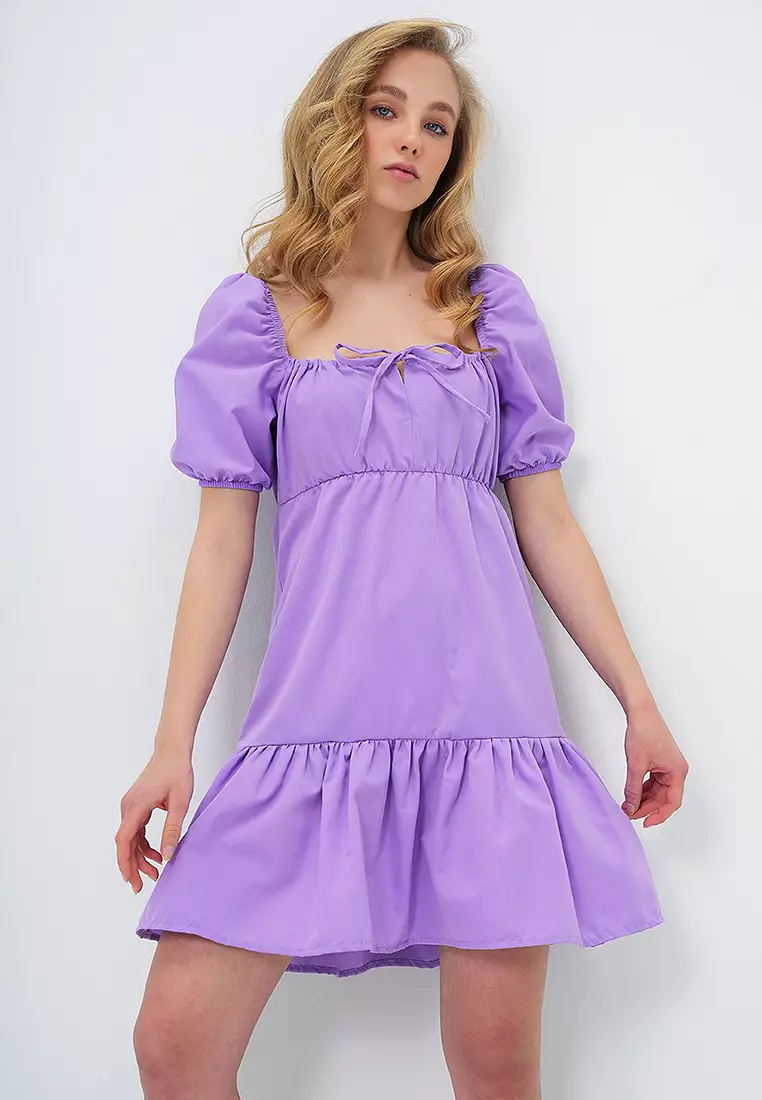 Women's Lilac Square Neck Balloon Sleeve Poplin Mini Dress Alc-X13594