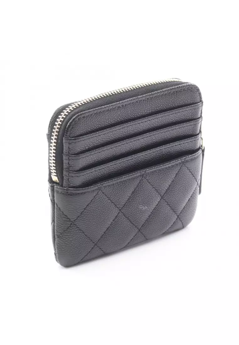 Pre-Loved Chanel matelasse card case coin purse Caviar skin black gold hardware