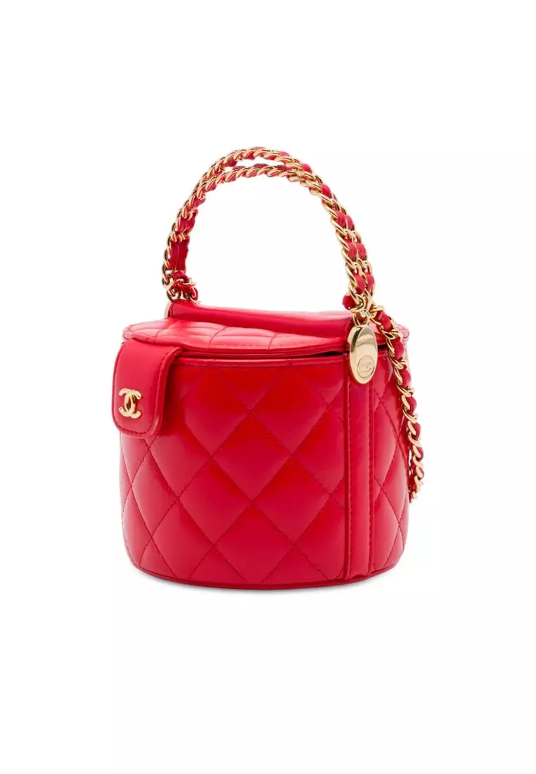 Pre-Loved Chanel Cc Quilted Lambskin Top Handle Round Vanity Case With Chain