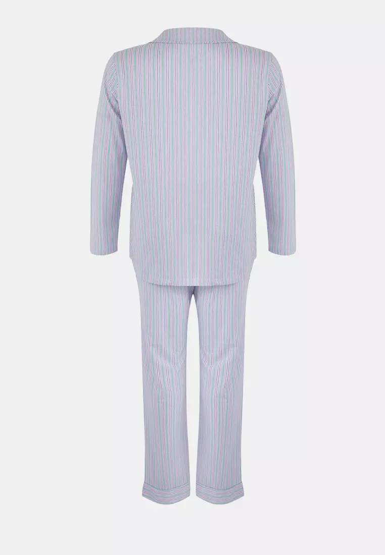 Lilac 100% Cotton Striped Shirt-Pants Knitted Pajama Set Tbbaw26Ai00017