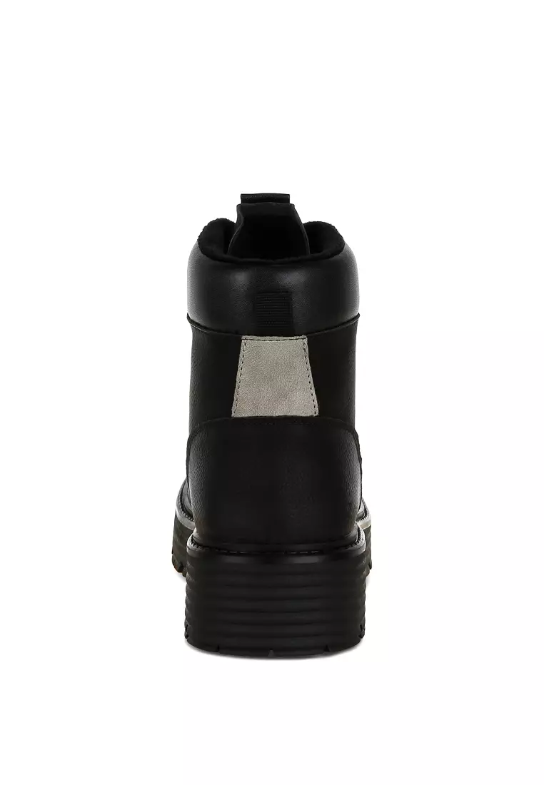 Lace-Up Chunky Warm Ankle Boots in Black