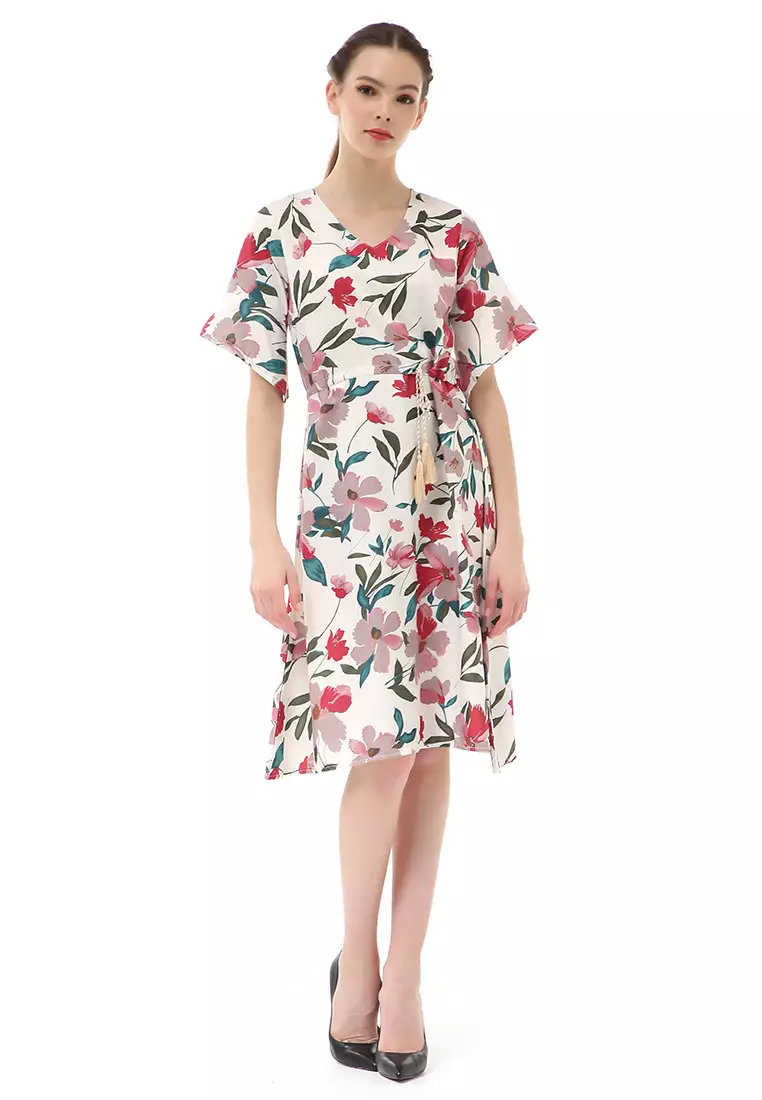 Rachel Midi Dress Wanita Karet Pinggang Short Sleeve Floral Motif Material Polyester ORIGINAL - White