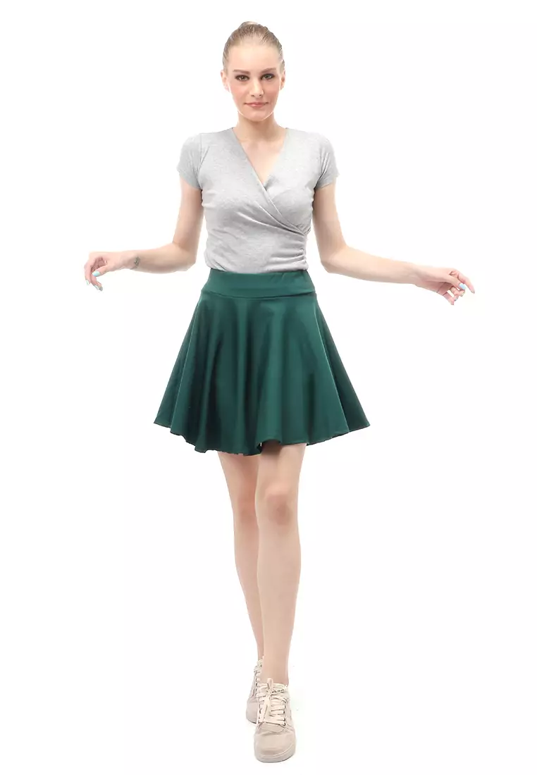 Rok Midi Bawahan Wanita Motif Solid Casual Relaxed Fit - Dark Green