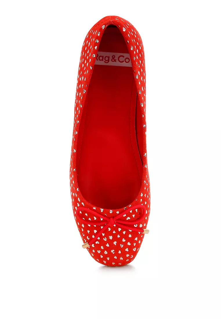 Bow Detail Embossed Suede Ballerinas Red