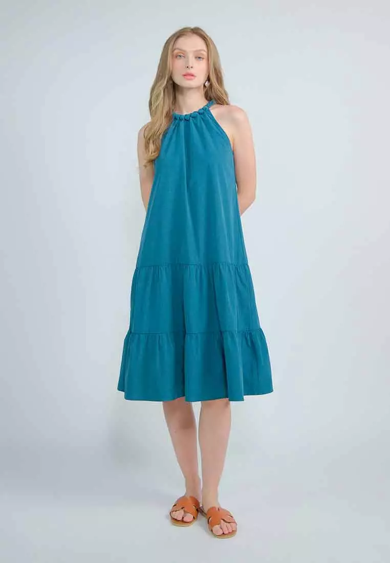 Orlisse Shift Flounce Hem Dress with Braided Neckline