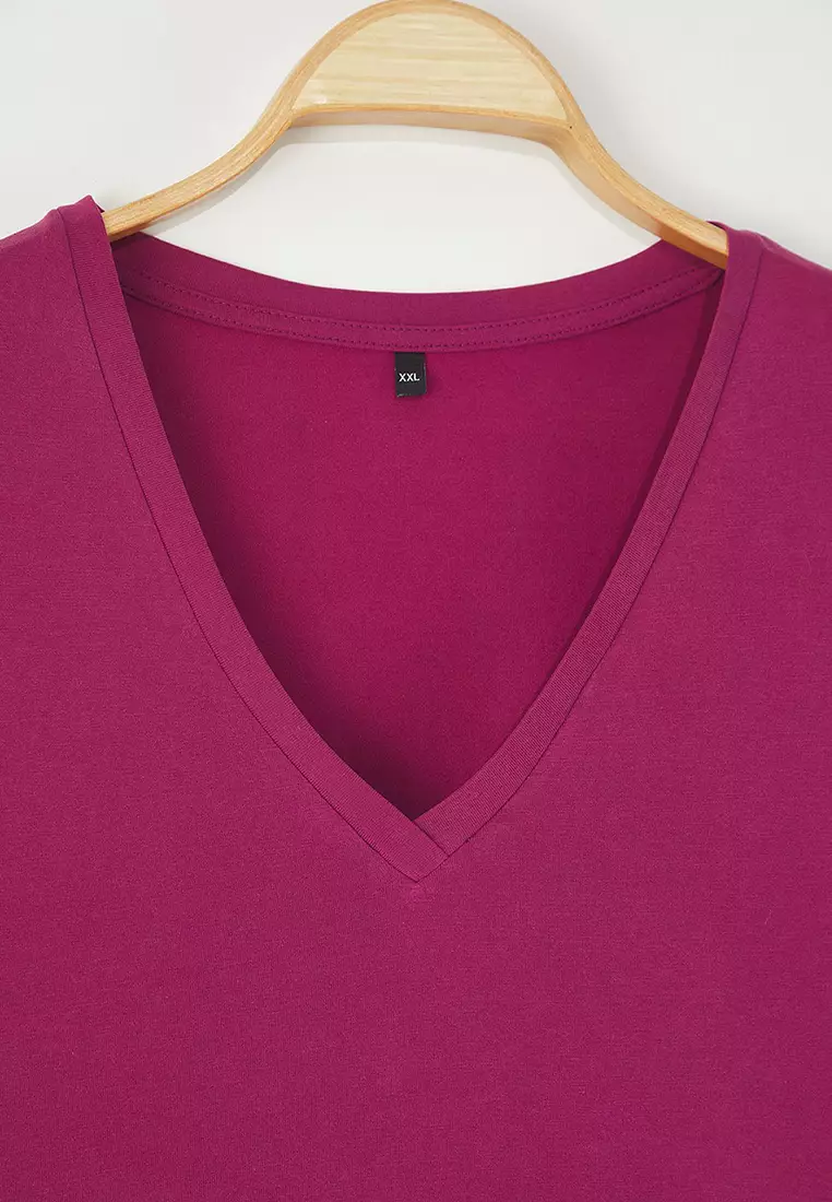 Dusty Rose V Neck Modal Flowy Comfortable Plus Size T-shirt TBBSS25BF00053