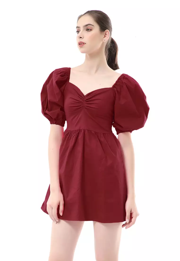 Rachel Dress Wanita Ballerina Pluffy Baloon Sleeve Simple Elegant Material Cotton ORIGINAL - Maroon