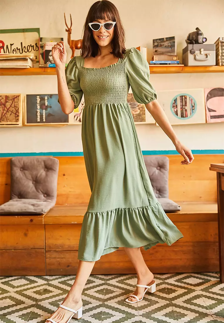 Square Neck Shirring Dress