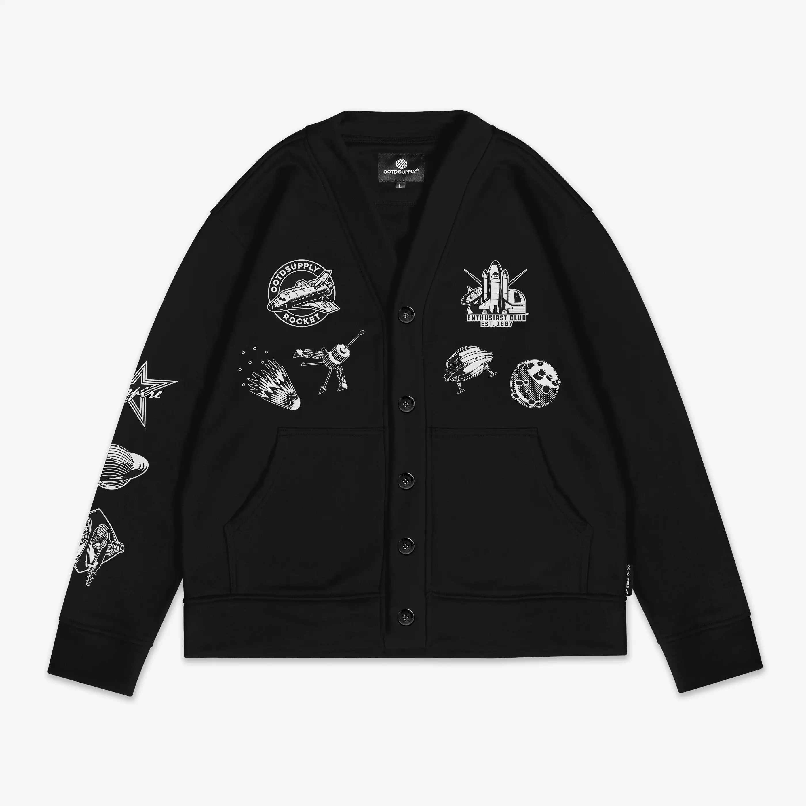 OOTDSUPPLY Unisex Cardigan Rocket Blitz Black | Outerwear Pria & Wanita CG002