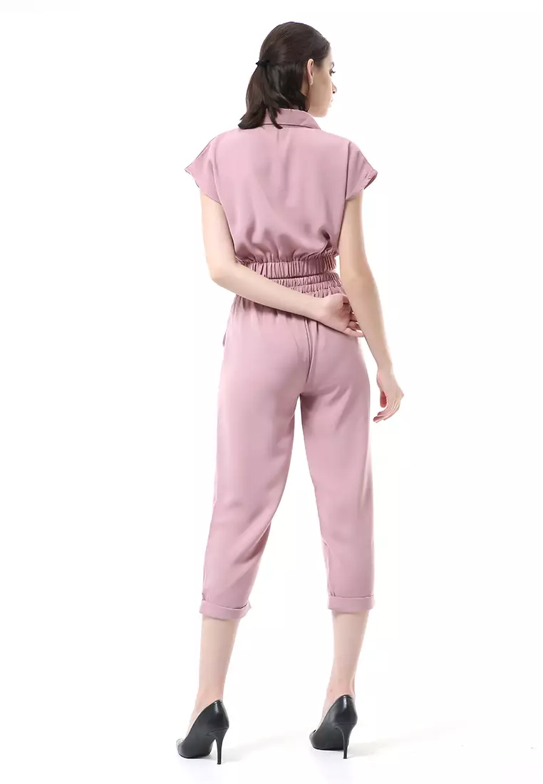 Nayra One Set Setelan Atasan Crop Karet Lengan Pendek Basic Pants Wanita Material Dolce ORIGINAL - Dusty Pink