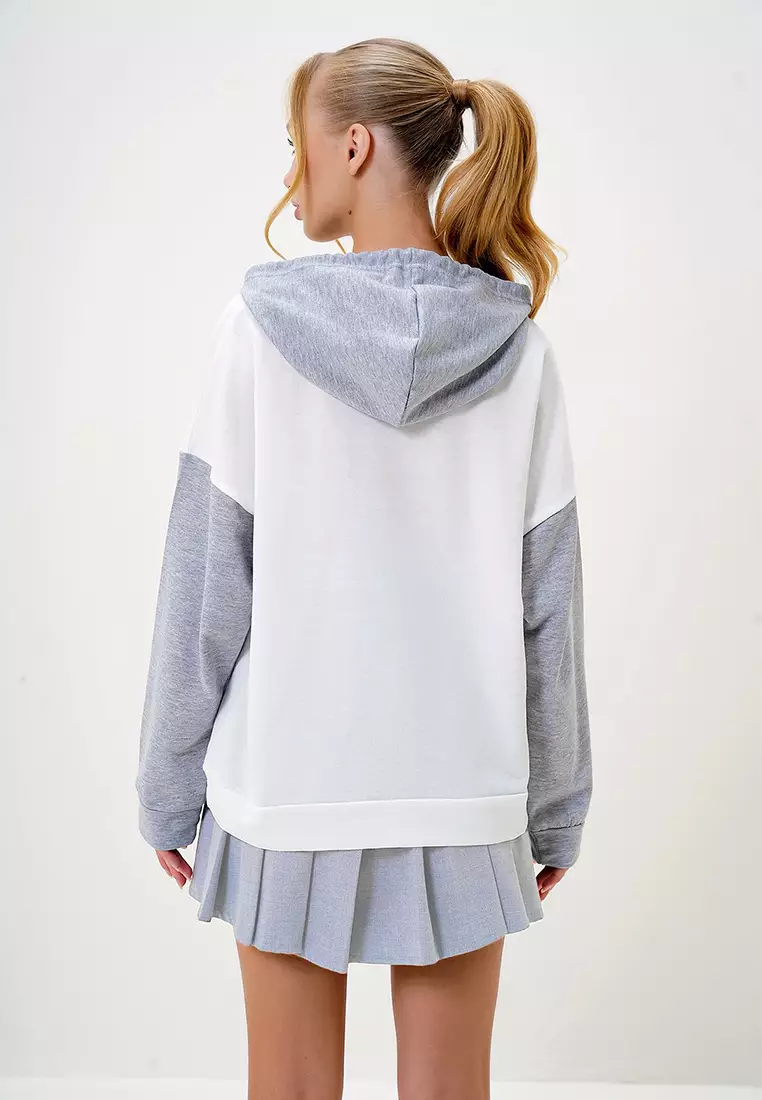 Women's Ecru Brandy Color Block Oversized Hoodie / Sweatshirt Alc-X4977