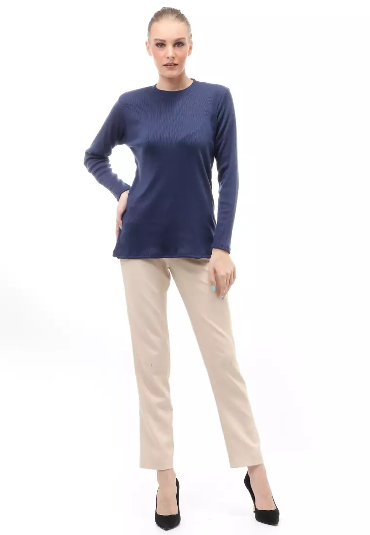 Briley Kaos Atasan Wanita Long Sleeves Motif Salur Relaxed Fit - Navy