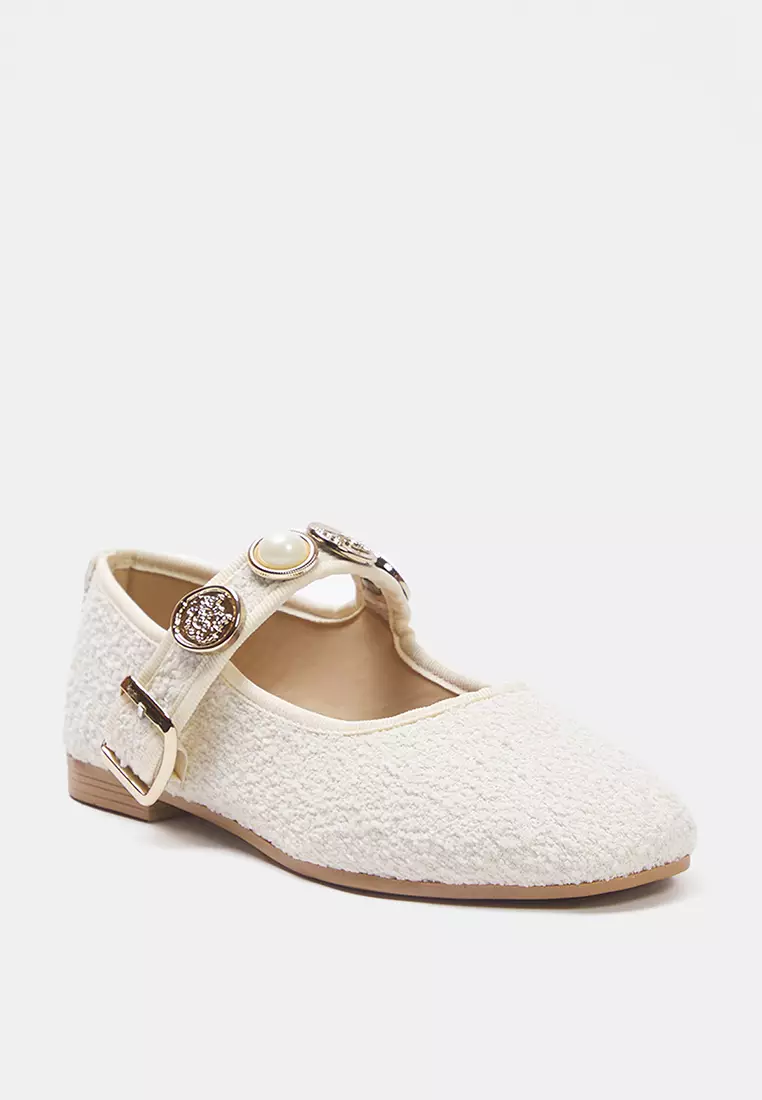 Beige Buckle Accessory Detailed Round Toe Tweed Mary Jane Women's Flat Shoes Takss25Be00011