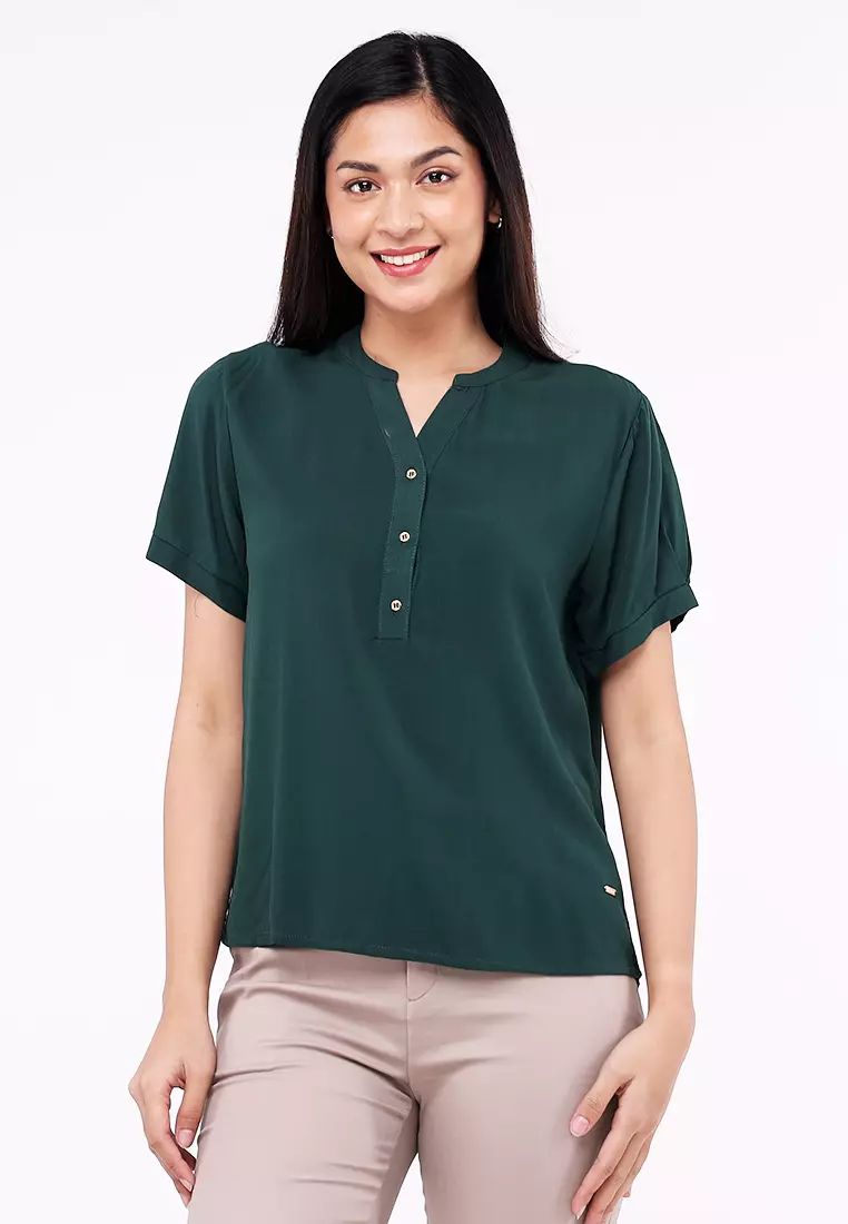 Buy Freego Ladies Woven Plain Soft Linen Short Sleeves Blouse 2024 Online