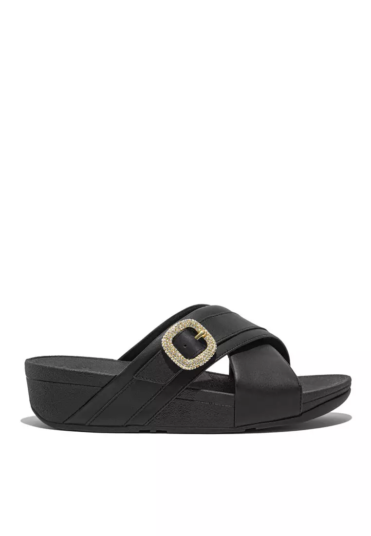 FitFlop LULU Crystal-Buckle Leather Cross Slides - Black (HO1-001)