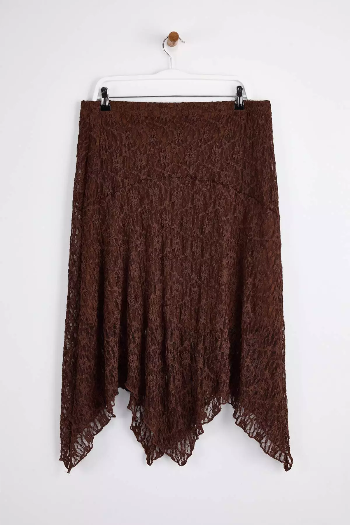 Brown Lace Asymmetric Handkerchief Form Midi Knitted Plus Size Skirt Tbbaw26Az00027