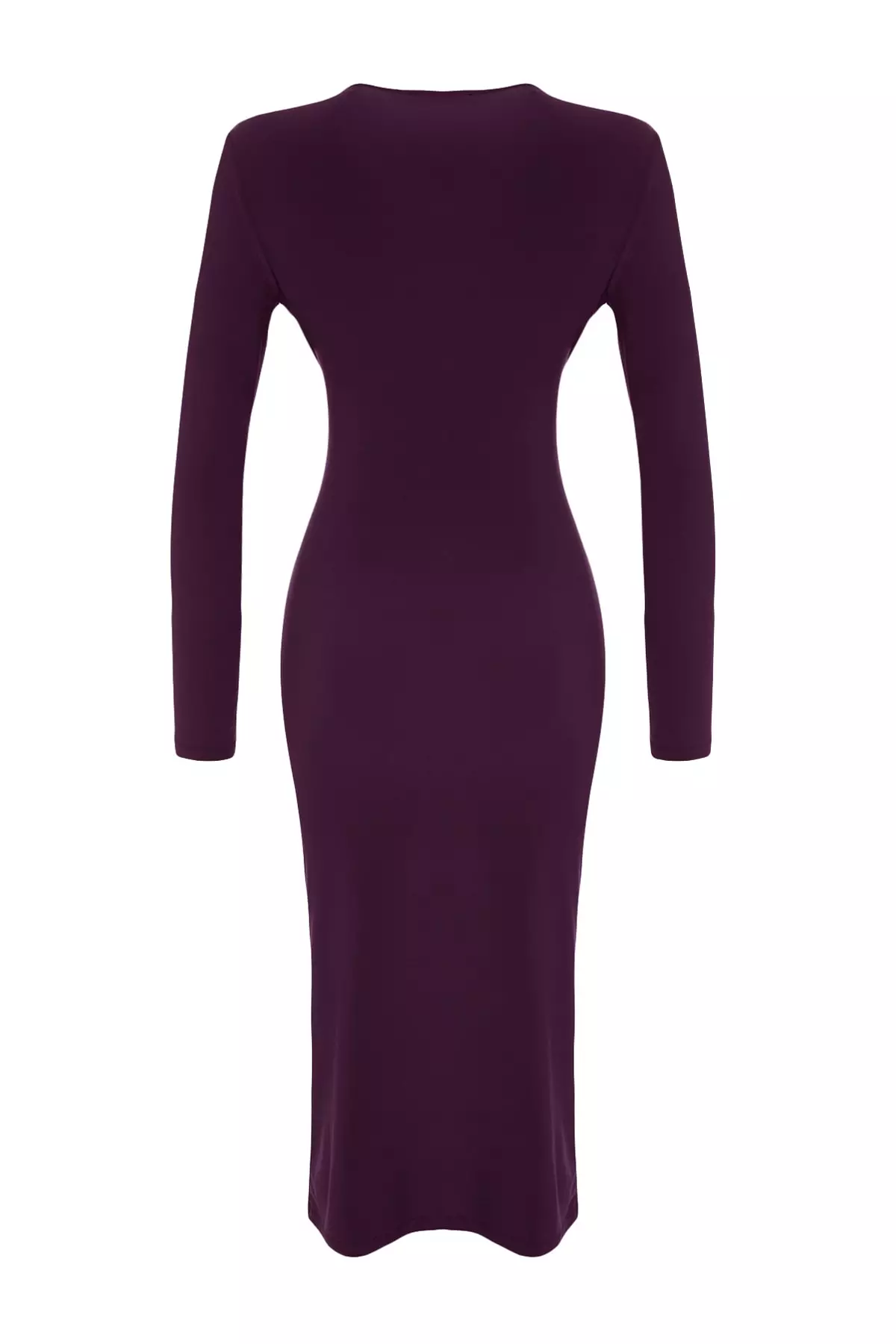 Plum Draped V Neck Fitted Flexible Midi Knitted Dress