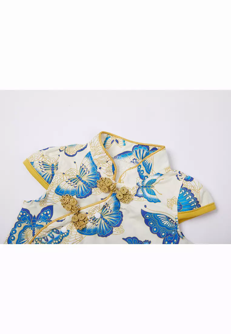 女童藍色蝴蝶漢服唐裝旗袍哈衣連體衣新年拜年衣服