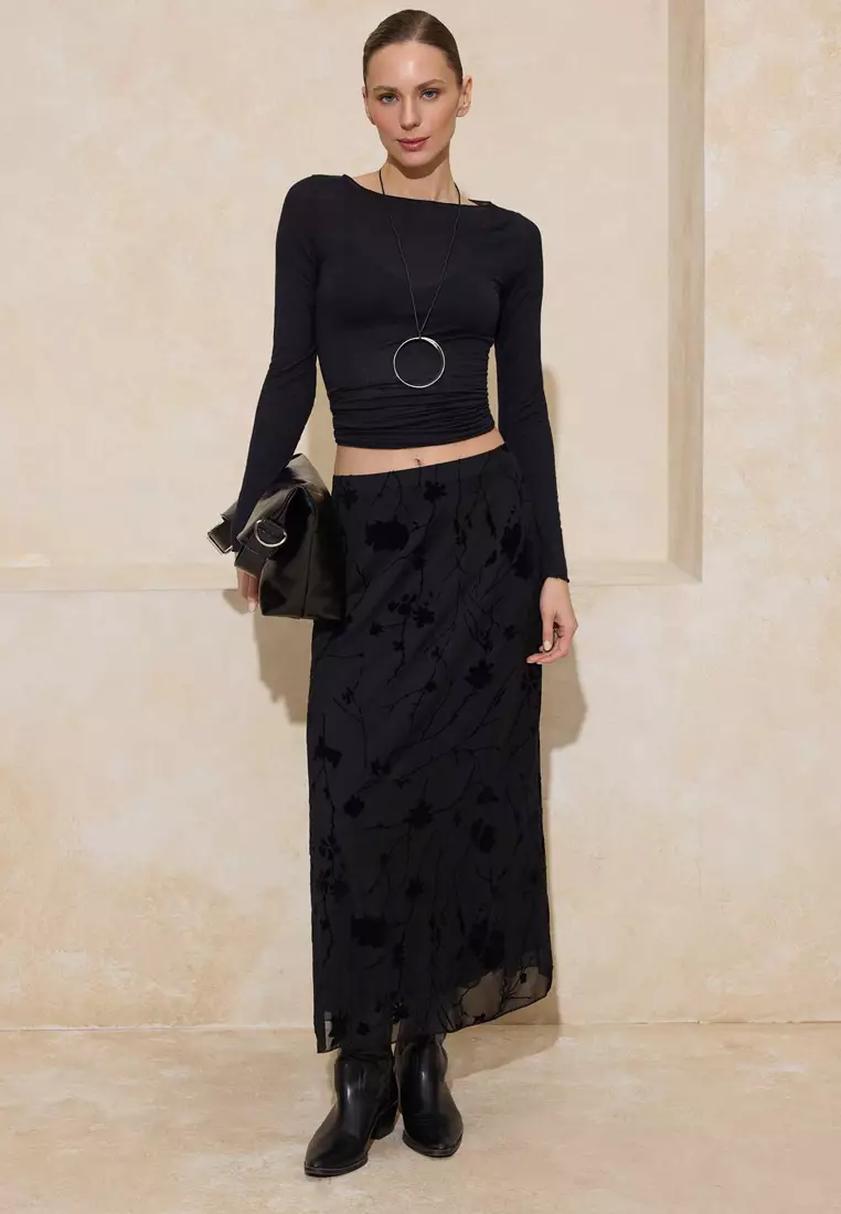 Black Flock Printed Pen Maxi/Long Tulle Flexible Knitted Skirt Twoaw26Et146