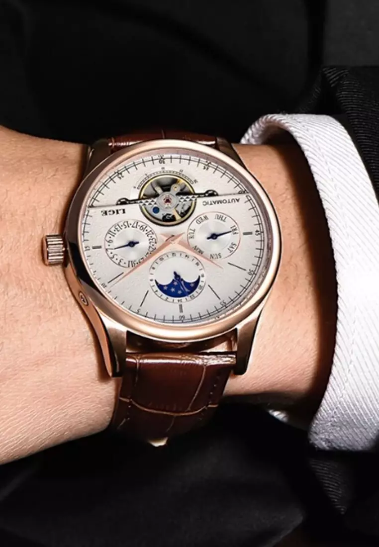 Unisex AUTOMATIC IP Rose Gold Color Stainless Steel Watch 44mm, Brown Leather Strap