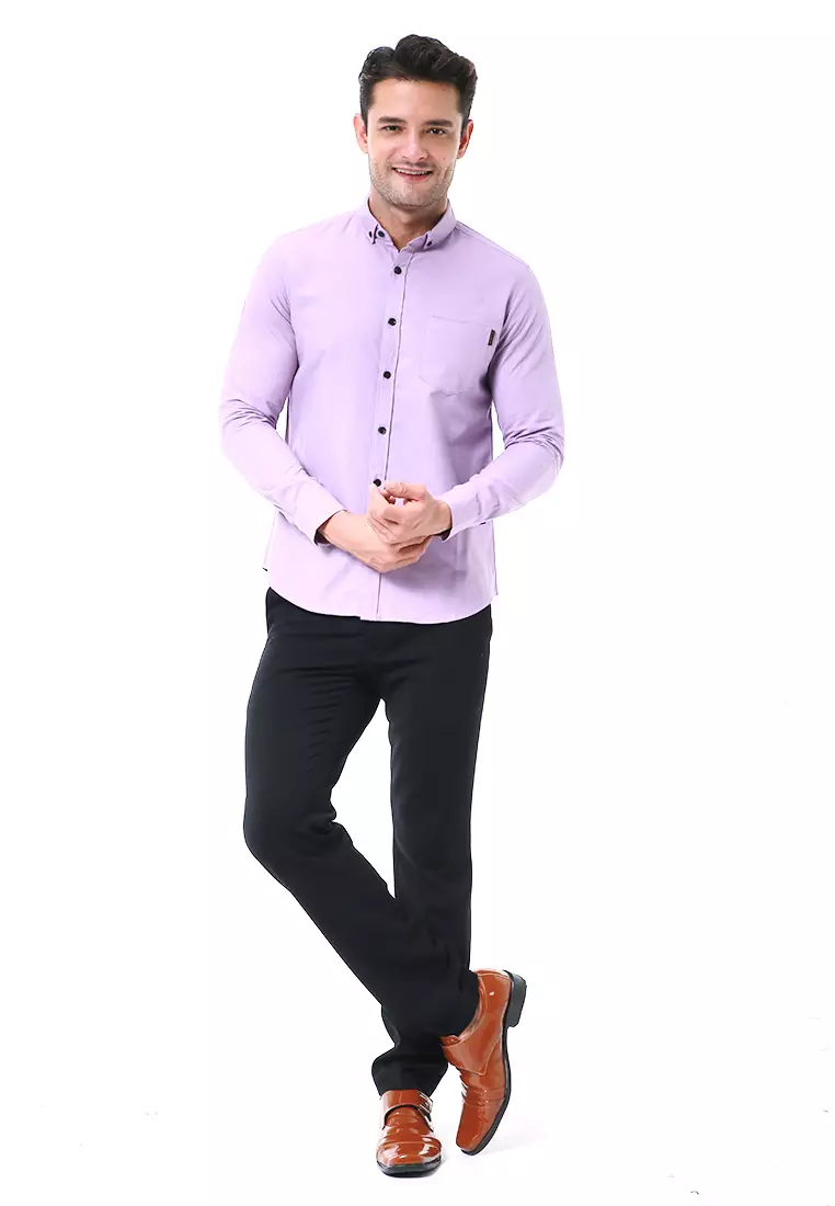 Leopold Kemeja Basic Pria Motif Polos Long Sleeve Material Cotton ORIGINAL - Lilac