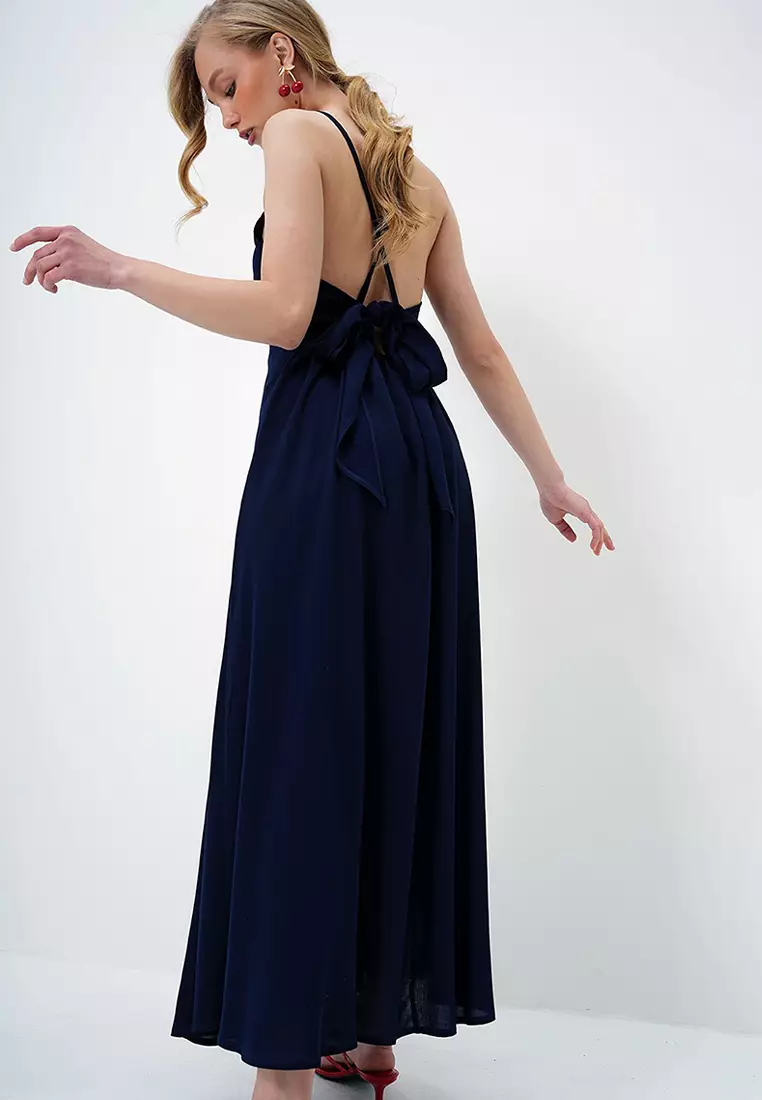 Women's Navy Blue Rope Strap Back Tie Detailed Maxi Length Summer Dress Alc-X13471
